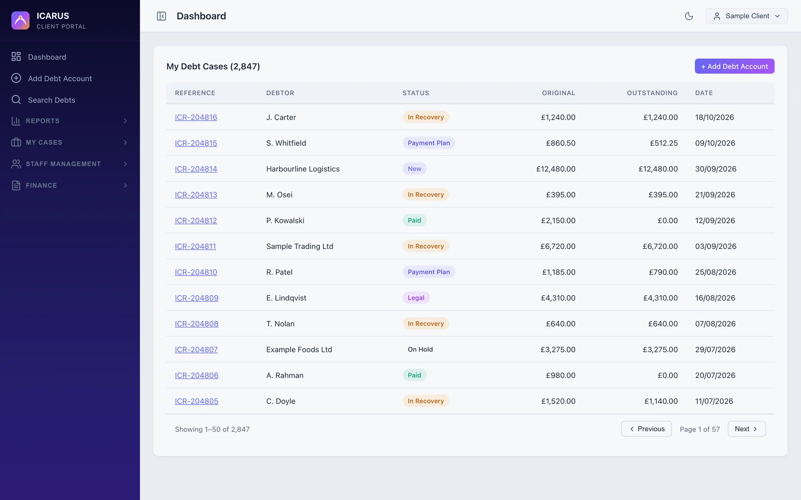 ICARUS case list showing the reference, debtor, status and balance of each debt.